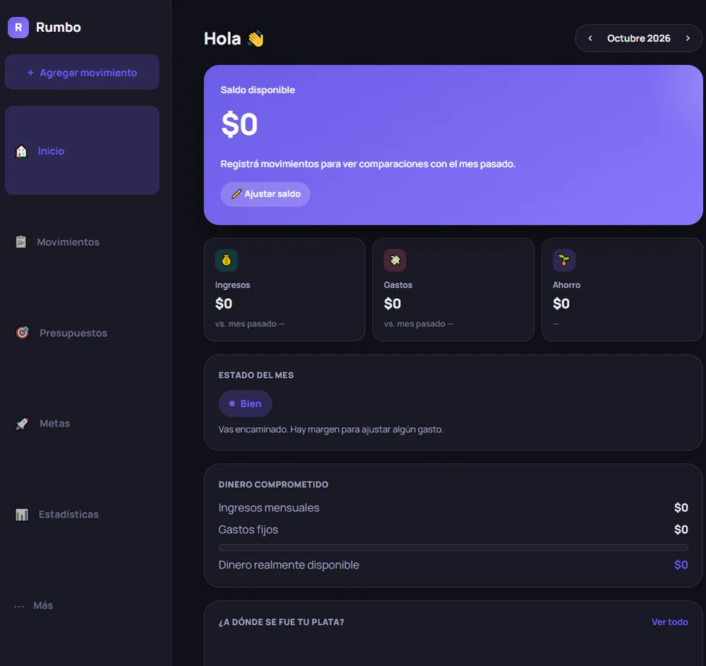 Rumbo: saldo, ingresos, gastos y ahorro del mes
